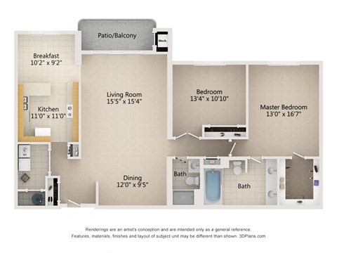 Floor plan for 2 beds, 2 baths, 1640 sqft